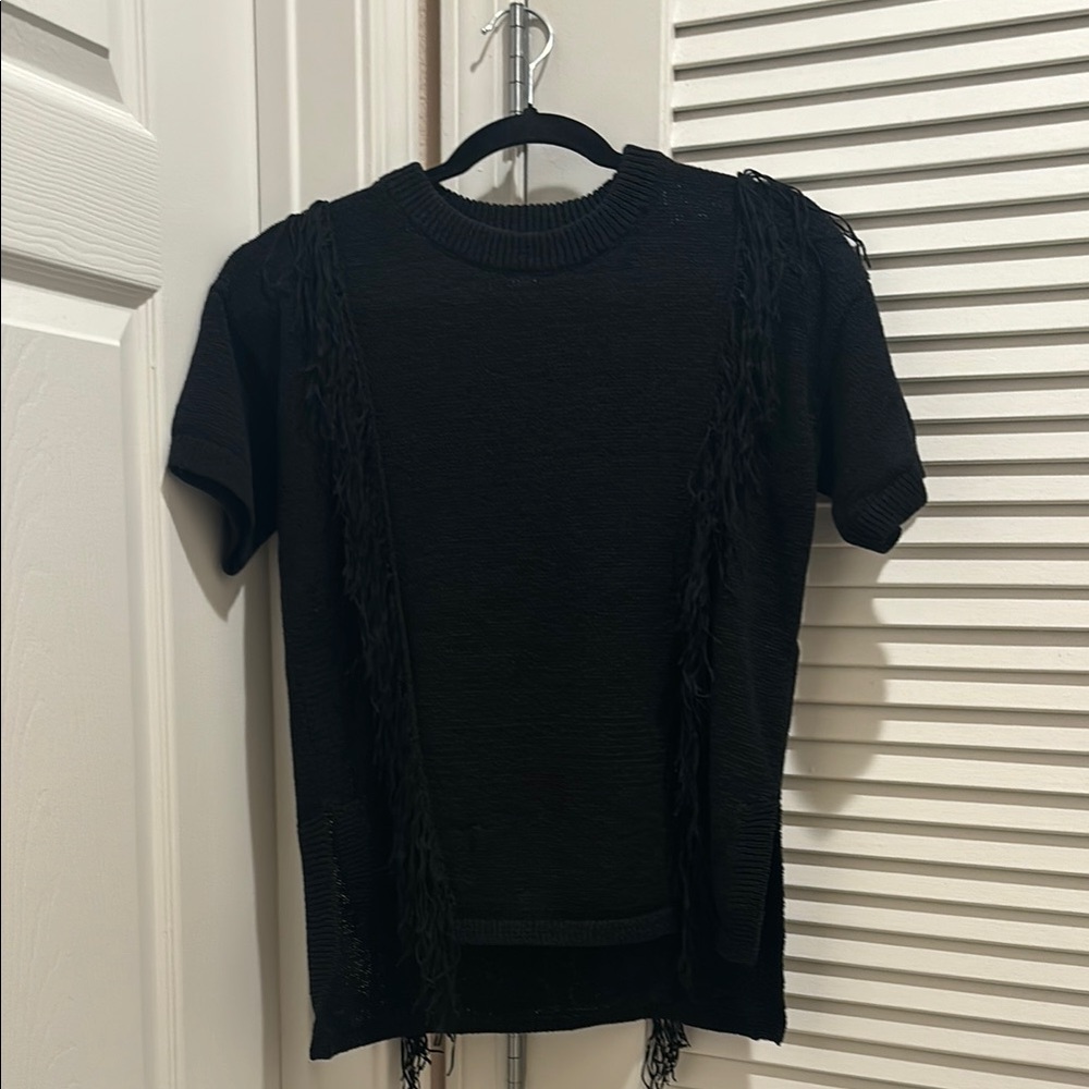 Black Fringe Short Sleeve Sweater